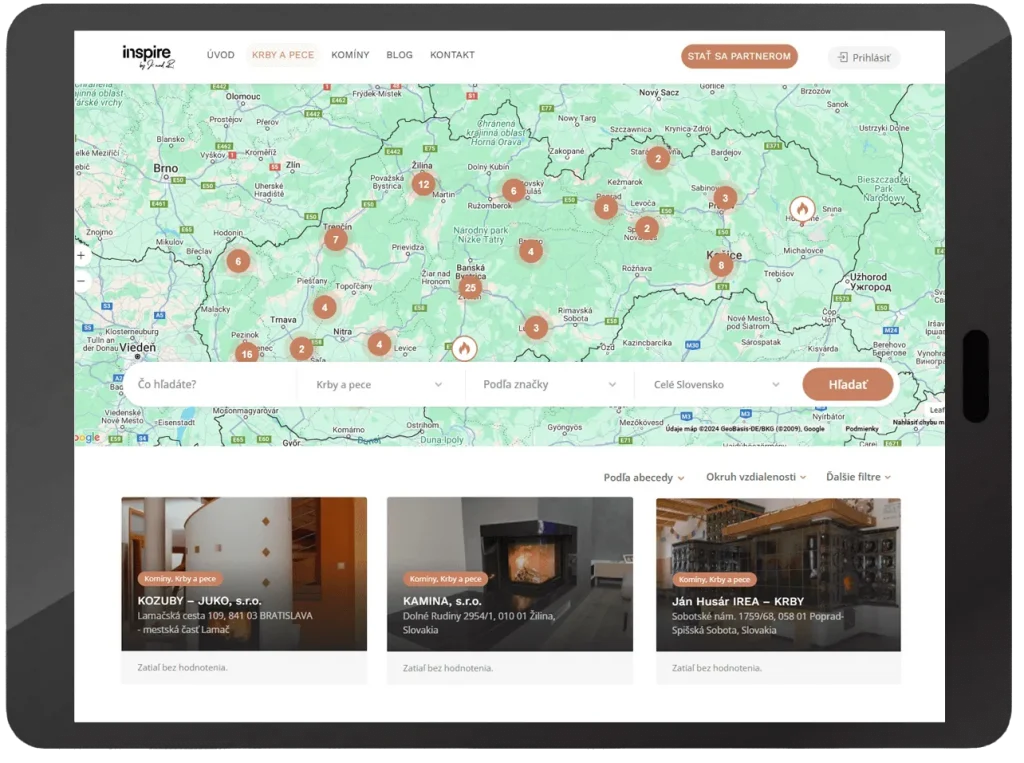 Tablet s webstránkou partneri inspire.
